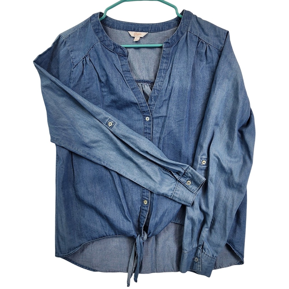 Candies Blue Denim Chambray Tie Front Shirt Boho Coastal Cowgirl Casual Top‎ L